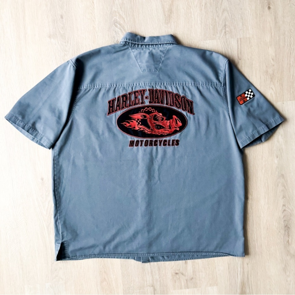 Vtg Harley Davidson Button Up Shirt XXL Grey HOG Biker Pig Embroidered 90s